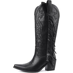 Women's Black Pointed Toe Wide Calf Fringe Cowgirl Knee High Chunky Heel Boots